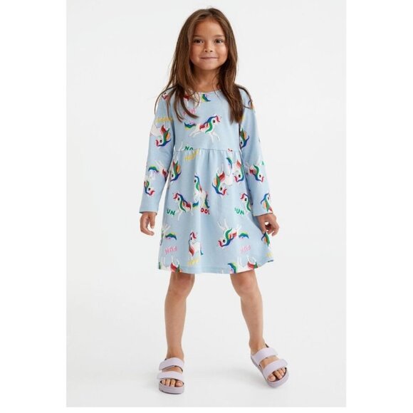 H&M Girls Unicorn Rainbow Patterned Long Sleeve Jersey Dress - Picture 2 of 4
